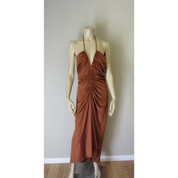 VERONICA BEARD Golden Brown Saskia Halter Ruched Sexy Size 16 V-Neck Midi Dress - Picture 1 of 10